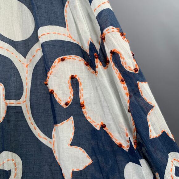 POLO by RALPH LAUREN Size 4 Blue White Cotton Abstract Floral Beaded Midi Skirt - Picture 2 of 7